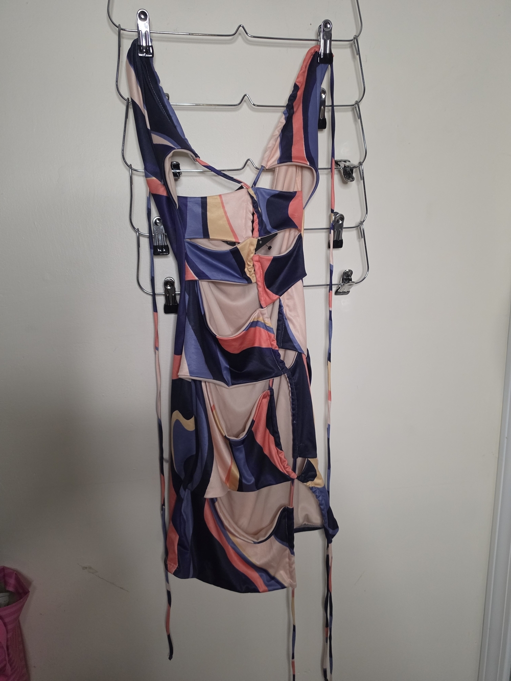 Fashion Nova Abstract Cutout Mini Dress in Navy, Peach & Coral